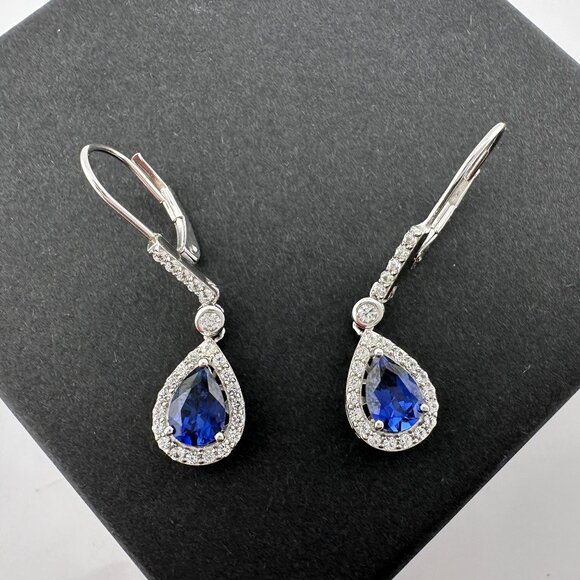 Blue and White Sapphire Tear Drop Earrings in Sterling Silver - Picture 12 of 12